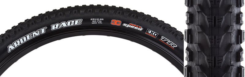 29x2.35 Ardent Race SPEED/EXO/TR Bicycle Tire featuring a close-up of its tread with ramped center knobs and aggressive shoulder knobs, highlighting Maxxis' EXO sidewall protection and tubeless-ready design.