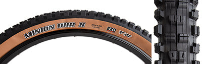 29x2.4 Minion DHR II EXO/TR/WT Bicycle Tire close-up, showcasing detailed tread design and sturdy sidewall protection, optimized for acceleration, cornering, and braking on rims over 35mm internal width.