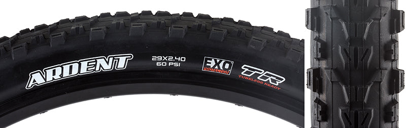 29x2.4 Black/Black Ardent DC/EXO/TR Bicycle Tire with white text, showcasing aggressive tread and dual compound design for enhanced traction and sidewall protection.