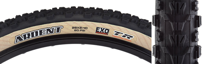 Close-up of a 29x2.4 Black/Tan Ardent DC/EXO/TR Bicycle Tire, highlighting its distinct tread pattern with ramped center knobs and aggressive shoulder knobs for enhanced grip and fast rolling performance.