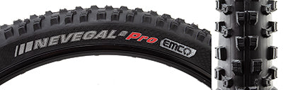 Close-up of the 29x2.4 Nevegal 2 Pro EMC Bicycle Tire, showcasing its new tread pattern with ramped center knobs and aggressive shoulder lugs for improved traction and reduced rolling resistance.