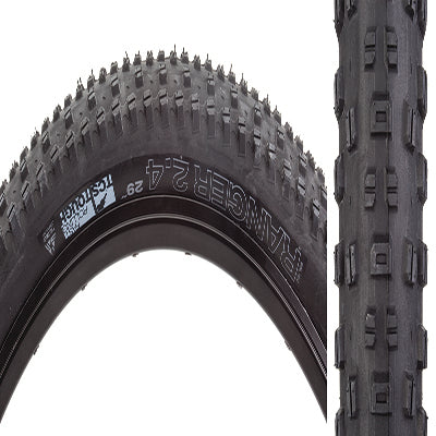 Close-up of a 29x2.4 Ranger TCS Tough Fast Rolling Bicycle Tire, showcasing its open tread pattern with larger shoulder knobs and smooth profile for consistent handling.