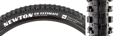 Close-up of a 29x2.4 Newton Ultimate Bicycle Tire showcasing its fast-rolling center tread and side knobs for traction, ideal for diverse conditions and designed for E-Bike compatibility up to 25kph.