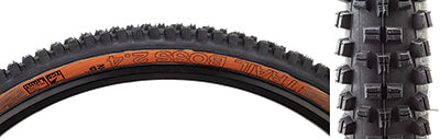 Close-up of the 29x2.4 Black/Tan Trail Boss TCS Light Fast Rolling Bicycle Tire, highlighting its tread design and sidewall features for enhanced speed, traction, and durability.