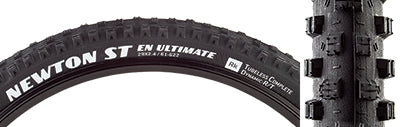 29x2.4 Newton ST Ultimate Bicycle Tire featuring white text on black, showcasing tall side knobs and ramped center knobs for superior grip and reduced rolling resistance, designed for aggressive trail and downhill riding.