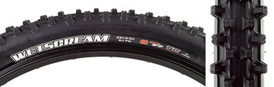 Close-up of the 29x2.5 Wetscream 3CG/TR/DH Bicycle Tire, featuring widely spaced, sharp square lugs for traction in loose soil, and a black rubber casing with visible white text.