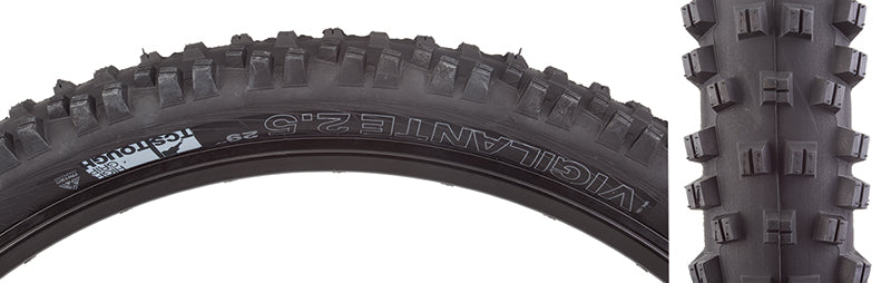 Close-up view of the 29x2.5 Vigilante TCS Tough High Grip Bicycle Tire, showcasing its square-lugged open tread pattern and robust, stiff outside knobs designed for stability and traction.