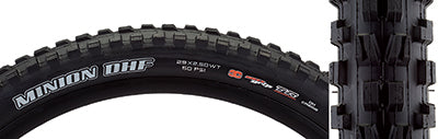 Close-up of a 29x2.5 Minion DHF 3CG/2-PLY/TR/WT Bicycle Tire, showcasing the tread pattern and sidewall for enhanced grip and control, ideal for downhill riding.