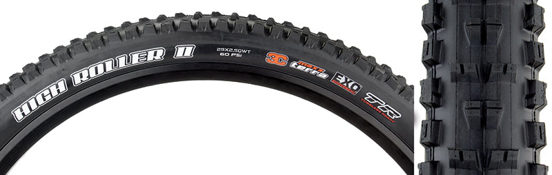 Close-up of a 29x2.5 High Roller II TERRA/EXO/TR/WT Bicycle Tire, highlighting its mud-clearing tread design, ramped center knobs, and aggressive shoulder knobs for enhanced traction on loose soil and corners.