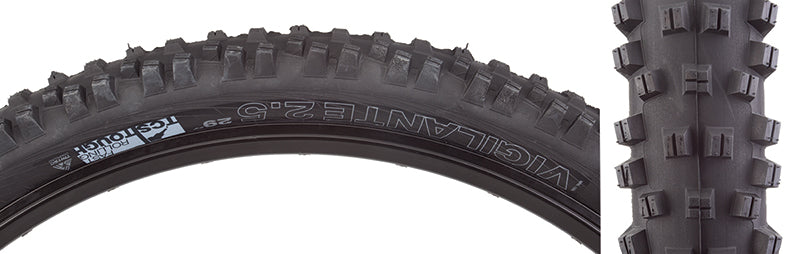 Close-up of the 29x2.5 Vigilante TCS Tough Fast Rolling Bicycle Tire, showcasing its square-lugged open-tread pattern and stiff outside knobs designed for stability in loose or wet terrain.