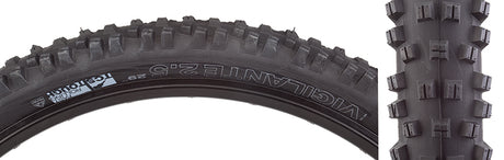 Close-up of the 29x2.5 Vigilante TCS Tough Fast Rolling Bicycle Tire, showcasing its square-lugged open-tread pattern and stiff outside knobs designed for stability in loose or wet terrain.