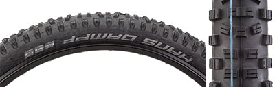 29x2.6 Hans Dampf Evo SS Bicycle Tire close-up, showcasing staggered center knobs, angled shoulders, and large aggressive corner knobs designed for optimal performance on various terrains and conditions.