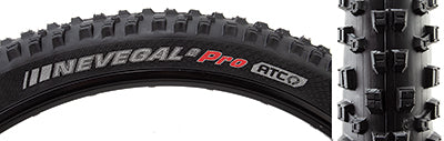 Close-up of the 29x2.6 Nevegal 2 Pro Bicycle Tire showcasing its new tread pattern with ramped center knobs and aggressive shoulder lugs for enhanced traction and reduced rolling resistance.