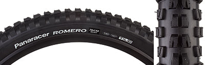 Close-up of the 29x2.6 Romero Bicycle Tire featuring ramped center knobs and siped shoulder knobs for enhanced grip, with Anti-Flat Plus casing and Triple Compound construction for durability and performance in all conditions.