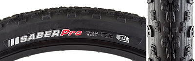 29x2.6 Saber Pro TR Bicycle Tire, showcasing close-up tread patterns and sidewall text, designed for low rolling resistance and high traction. Ideal for racing with tubeless compatibility and lightweight construction.