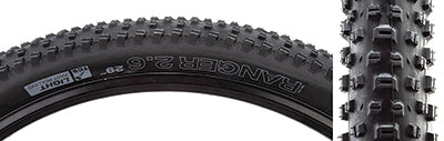 Close-up of the 29x2.6 Ranger TCS Light Fast Rolling Bicycle Tire showcasing its open tread pattern and larger shoulder knobs designed for all-weather performance and efficient handling.