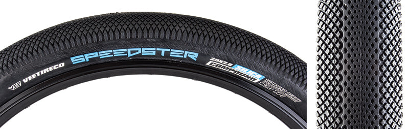 Close-up of the 29x2.8 Speedster Fold Bicycle Tire, showcasing its tread designed for high performance on hard pack or paved terrain, ideal for BMX racing, dirt jumps, and urban shredding.