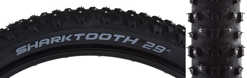 Close-up of the 29x2.8 Sharktooth Wire Bicycle Tire, showcasing its directional V tread design with tungsten alloy-tipped studs for traction on ice, snow, and soft terrain.