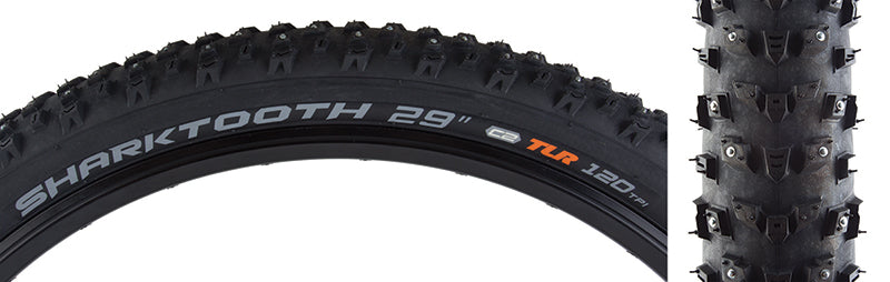 29x2.8 Sharktooth Fold Bicycle Tire with a close-up showing a directional V tread design and multiple studs for enhanced traction on ice, snow, and soft terrain.