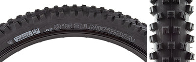 Close-up of the 29x2.8 Vigilante TCS Tough TriTec Fast Rolling Bicycle Tire, highlighting its square-lugged open tread pattern and stiff outside knobs designed for stability and grip on various terrains.