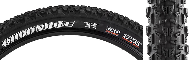 Close-up of the 29x3.0 Chronicle DC/EXO/TR Bicycle Tire showcasing its tread design and white sidewall text, indicating its durability and dual compound grip for various terrains.