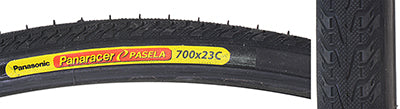 700x23 Black/Black Pasela Bicycle Tire, a hybrid commuter tire, shown in close-up with a yellow label, raised center tread for low rolling resistance.