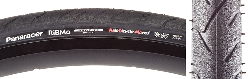 Close-up of a 700x23 Ribmo Wire Bicycle Tire showcasing its all-contact tread pattern, designed for urban commuting, and featuring the latest Protite puncture protection technology.