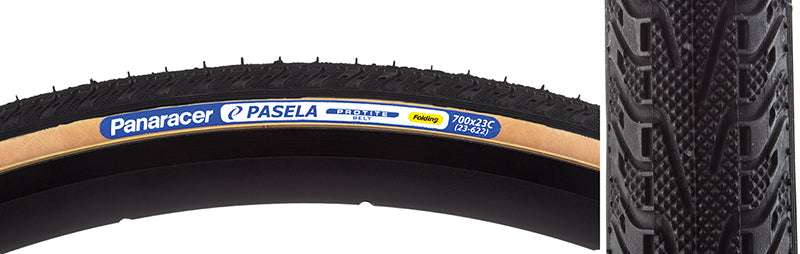 Close-up of a 700x23 Pasela Protite Fold Bicycle Tire, highlighting its tread pattern and robust design, ideal for urban or touring rides with advanced puncture protection technology.