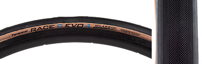 Close-up of the 700x23 Race C Evo4 Bicycle Tire, showcasing its lightly textured tread designed for control and ProTite belting for puncture resistance. Features advanced rubber compound for superior road traction.