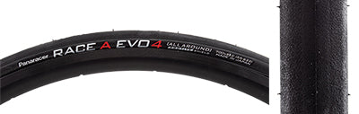 Close-up of the 700x23 Race A Evo4 Bicycle Tire showcasing its slick tread and ProTite belting, designed for enhanced traction and durability in various road conditions.