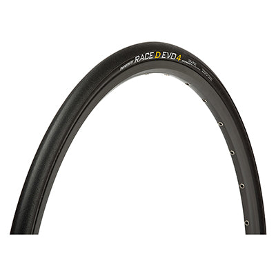 Close-up of the 700x23 Black/Black Race D Evo4 Bicycle Tire, showcasing the slick road racing tread and ProTite belting for puncture resistance.