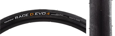 Close-up of the 700x23 Black/Brown Race D Evo4 Bicycle Tire showcasing the ProTite belting and slick racing tread, designed for enhanced durability and puncture resistance.