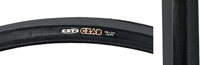 700x23 Black/Black Czar Bicycle Tire featuring a grooved lateral tread for traction and a smooth center, designed for racing and training with dual compound and exceptional puncture safety technology.