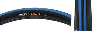 Close-up of 700x23 Black/Blue Czar Bicycle Tire showcasing grooved lateral tread for traction and smooth center, highlighting the dual compound for durability and grip, and puncture-resistant layer.