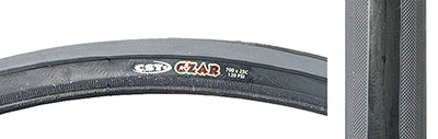 700x23 Black/Gray Czar Bicycle Tire featuring red and white text, a logo, and grooved lateral tread for traction with a smooth center.