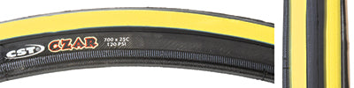 Close-up of the 700x23 Black/Yellow Czar Bicycle Tire showcasing its grooved lateral tread and smooth center, designed for racing and training, featuring a visible logo on the side.