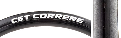 Close-up of the 700x23 Correre Bicycle Tire showcasing its slick tread pattern designed for low rolling resistance and enhanced cornering traction, highlighting the dual compound and exceptional puncture safety features.