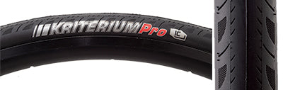 Close-up of the 700x23 Kriterium Pro Bicycle Tire, showcasing its grooved side tread for traction and robust construction, designed for enhanced puncture resistance and extended tread life.