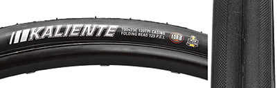 700x23 Kaliente Bicycle Tire featuring a close-up of its tread pattern and black casing, designed with Kenda's Iron Cloak and L3R Pro compounds for enhanced puncture resistance and low rolling resistance.