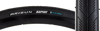 700x23 Rapide Bicycle Tire featuring directional arrow tread design, knurled shoulder for cornering traction, and an inverted tread for wet weather grip and low rolling resistance.