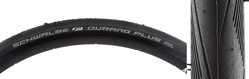 Close-up of the 700x23 Durano Plus Perf Twin SG Wire Bicycle Tire, showcasing its robust tread and sidewall with Schwalbe's smart guard puncture protection and twin skin technology for enhanced durability.