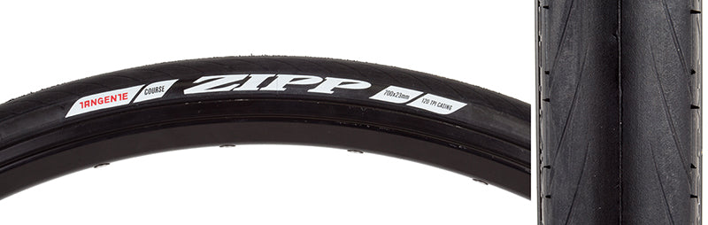 Close-up of the 700x23 Tangente Course Bicycle Tire, highlighting its detailed tread pattern and robust sidewalls, designed for low rolling resistance and puncture protection.