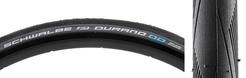 Close-up of the 700x23 Durano DD Perf SS RG Bicycle Tire, showcasing the smooth tread, black tread surface, and the Schwalbe logo on the sidewall.