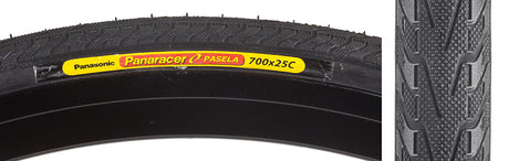 Close-up of the 700x25 Black/Black Pasela Bicycle Tire, featuring a black rubber construction with a yellow label, highlighting the hybrid commuter tire's raised center designed for low rolling resistance.