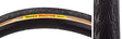 Close-up of the 700x25 Black/Tan Pasela Bicycle Tire, highlighting its tread pattern and yellow label, designed for hybrid commuting with a raised center to reduce rolling resistance.