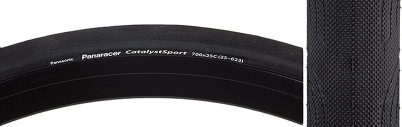 700x25 Catalyst Sport Bicycle Tire, featuring a close-up of its black rubber surface with white text, designed for sport and training, shown in high detail.