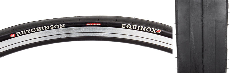 Close-up of the 700x25 Equinox 2 Reinforced Bicycle Tire, highlighting its dual-compound tread with a harder center for durability and softer sides for better corner grip.