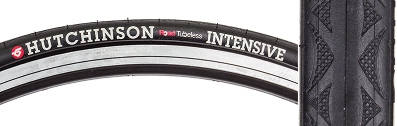 Close-up of the 700x25 Intensive 2 Road Tubeless Bicycle Tire showcasing its 25mm width, bead to bead puncture-resistant casing, and extra tread compound for durability and comfort.