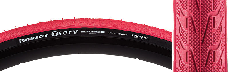 Close-up of a 700x25 T-Serv Bicycle Tire showcasing its aramid belted design for enhanced protection against punctures and pinch flats.