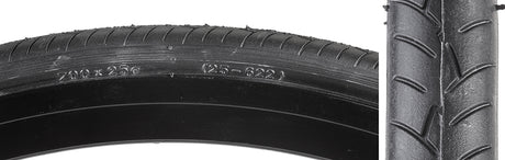 Close-up of a 700x25 Smooth Bicycle Tire, showcasing its detailed tread design. Ideal for weekend warriors and commuters, this standard road tire offers both affordability and reliability.